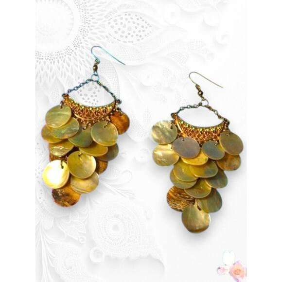 LotzaLuxBling Boutique Jewelry - Natural Shell Chandelier Earrings Filigree Dangle Boho Statement Gold Tone 163